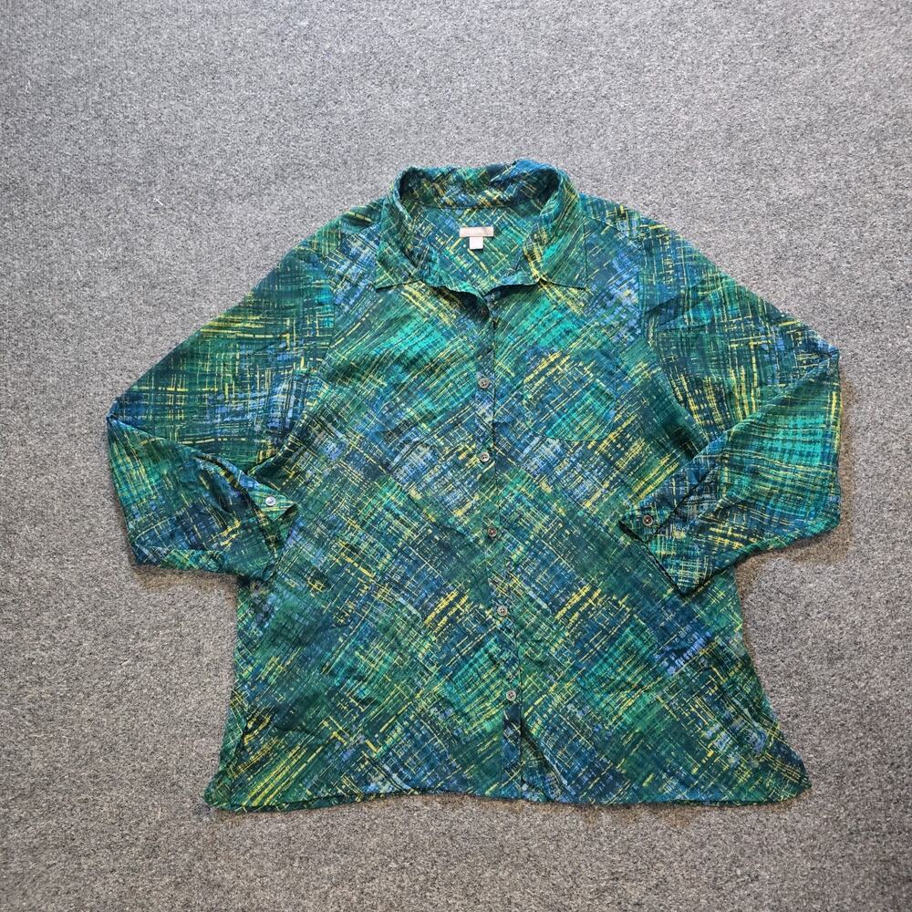 J Jill Top Womens Size Large Petite Green Plaid Sheer Long Sleeve Button Casual